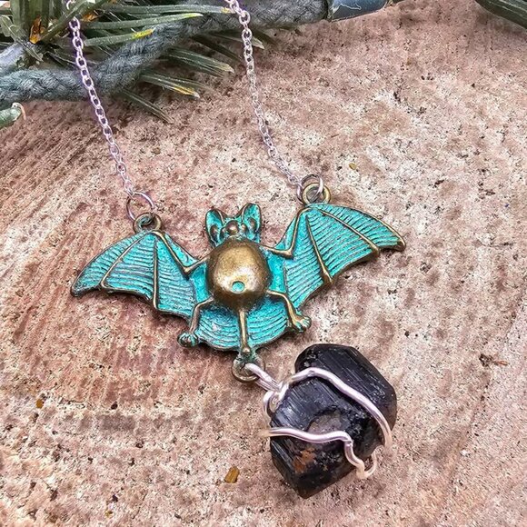 Flying Bat Nature Black Tourmaline Raw Stone Pendant Necklace - Picture 6 of 10